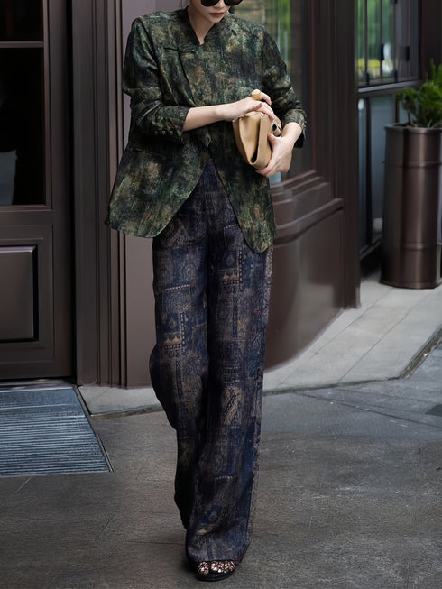 Vintage Floral Silk Hualuo Fabric Two-Piece Set for Women – Elegant Autumn Top & Wide-Leg Pants, High-End Luxe Style