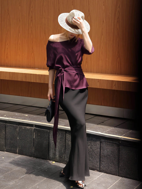 100% Mulberry Silk Asymmetric One-Shoulder Draped Top – Waist-Tie Elegant Long Sleeve Blouse