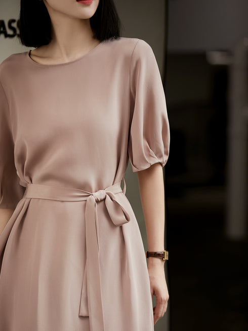 Heavy Crepe Silk Dress – 30 Momme Mulberry Silk, Tie Waist & Elegant Short Sleeves