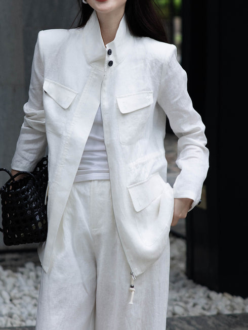 Luxury 100% Linen Utility Jacket & Wide-Leg Pants Set – Quiet Luxury Tailored Workwear Suit