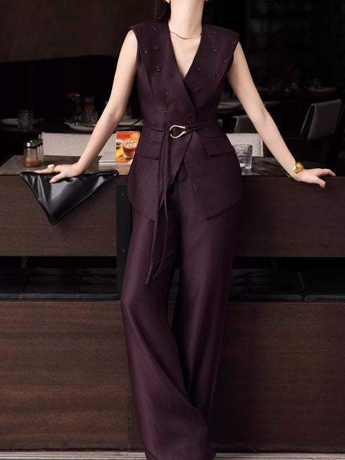 Embellished V-Neck Vest & Wide-Leg Trousers Set – Elegant Tailored Office Suit