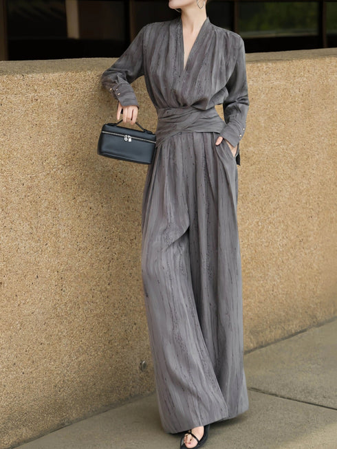 Textured Wrap V-Neck Blouse & Wide-Leg Pants Set – Sculpted Waist Elegant Two‑Piece