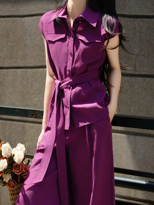 Tencel Linen Belted Vest & Wide-Leg Pants Set – Tailored Sleeveless Shirt and Relaxed Summer Suit