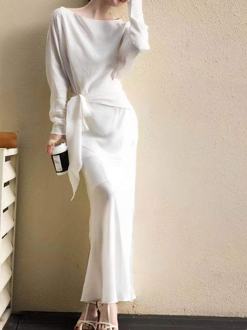 Luxury Cupro Batwing Top & Slim Maxi Skirt Set – Elegant Off-Shoulder Draped Two-Piece Outfit