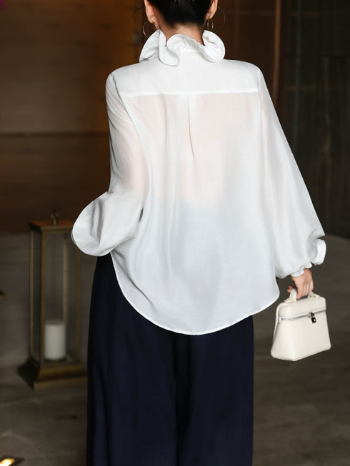 Romantic White V‑Neck Ruffle Tie Blouse – Sculpted Rose Trim Long Sleeve Vintage Shirt
