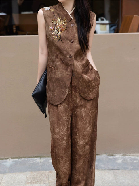 Vintage Jacquard Silk-Blend Beaded Vest & Wide-Leg Pants Set – Elegant Tailored Two‑Piece Suit