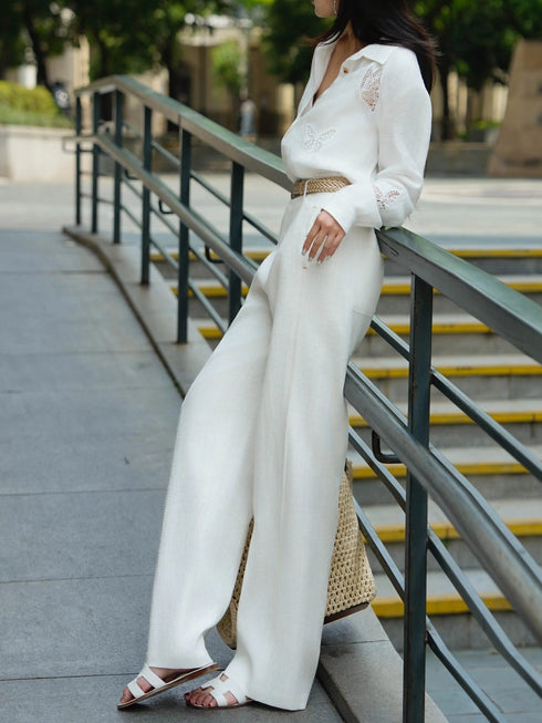 Quiet Luxury 100% Linen Butterfly Embroidered Shirt & Tie‑Waist Pants Set – Elegant Old‑Money Summer Outfit