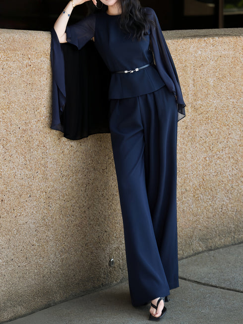 Designer Cape-Sleeve Sheer Panel Top & Wide-Leg Pants Set – Elegant Office Two‑Piece Suit