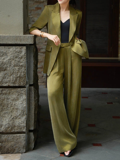Luxury Cupro Blend Tailored Blazer & Wide-Leg Pants Set – Fluid Draped Office Suit