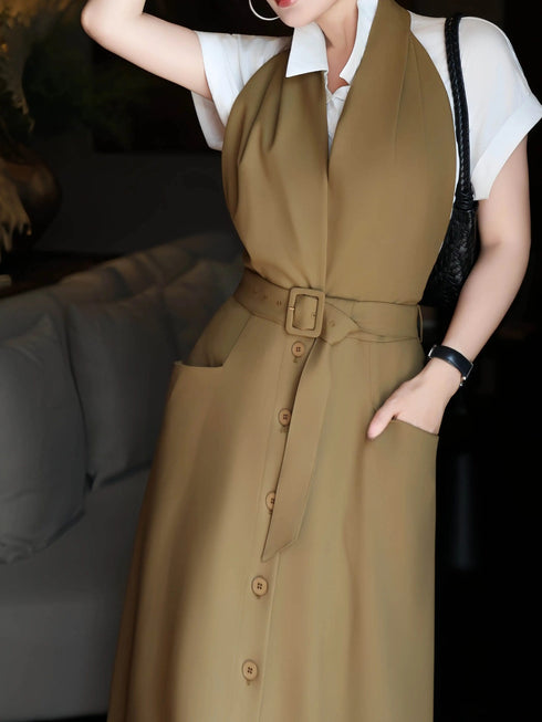 Elegant Halter Waist-Cinched Midi Dress & Blouse Two-Piece Set – Refined Office Lady Style
