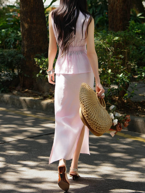 100% Linen Tie-Waist Vest Top & Midi Skirt Set – Elegant V-Neck Summer Two-Piece Outfit
