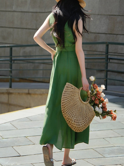 100% Linen Sleeveless Belted Midi Dress – Elegant Waist-Cinched Summer A-Line Dress