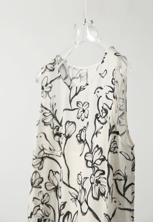 Ink-Dye Tencel Linen Sleeveless Dress – Loose Fit, Round Neck, Artistic Style