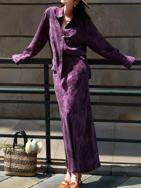 Vintage Jacquard Cupro Shirt & High-Waist Slit Skirt Set – Elegant Long Sleeve Blouse Two‑Piece