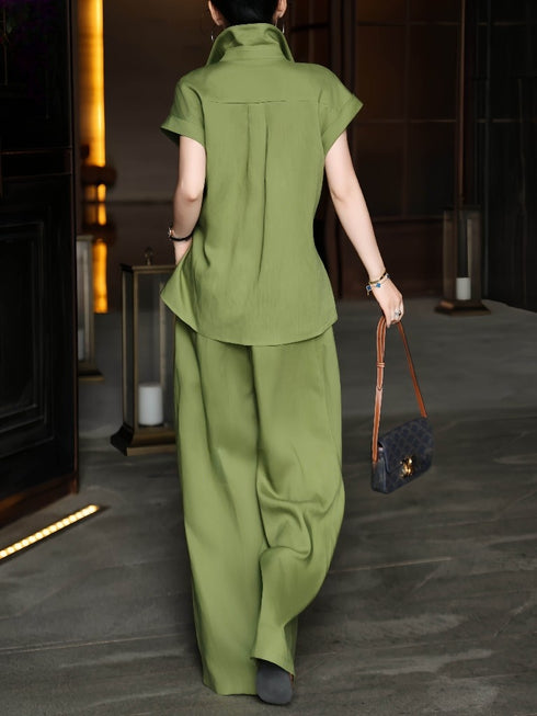 100% Linen Twisted-Drape Shirt & Wide-Leg Pants Set – Elegant Summer Formal Two-Piece Outfit