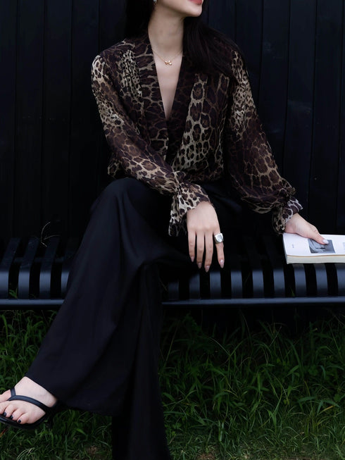 Luxury 100% Mulberry Silk Leopard Print Blouse – Designer V‑Neck Draped Silk Top for Women
