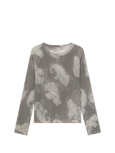 Hand-Painted Cashew Flower Print Wool Sweater – 16-Gauge Fine Knit Pullover with Waist Floral Design for Women