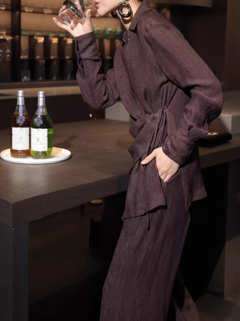 Textured Wrap Shirt & Wide-Leg Pants Set – Luxury Pleated Spring Two‑Piece Outfit