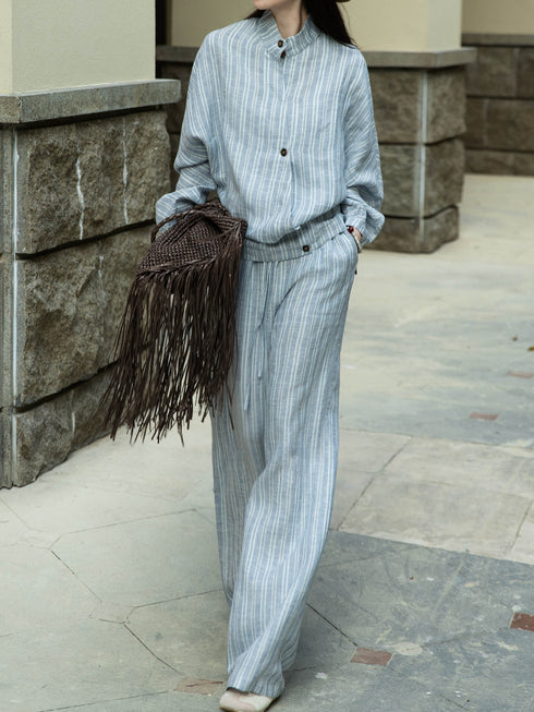 Striped Linen-Cotton Relaxed Shirt & Wide-Leg Pants Set – Minimal Stand Collar Lounge Suit