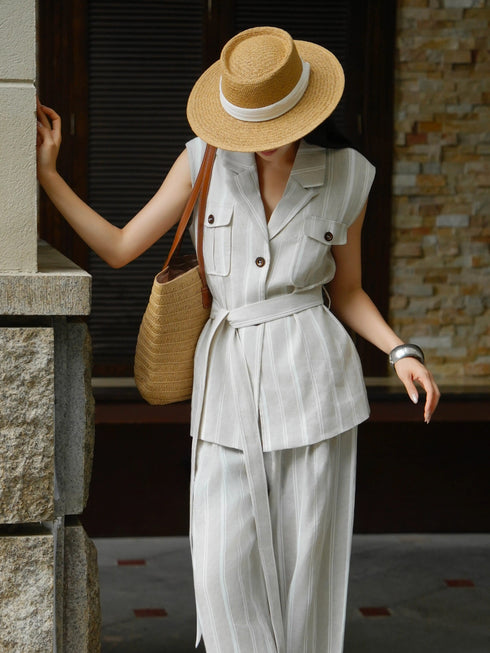 Old Money Linen Striped Vest & Wide-Leg Pants Set – Belted Sleeveless Blazer and Tailored Summer Suit