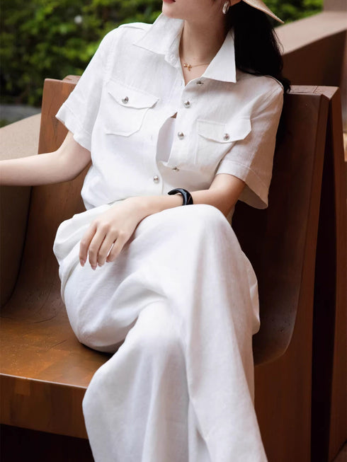 Women's Luxury Linen Two‑Piece Set – Short Sleeve Safari Shirt & Wide‑Leg Trousers