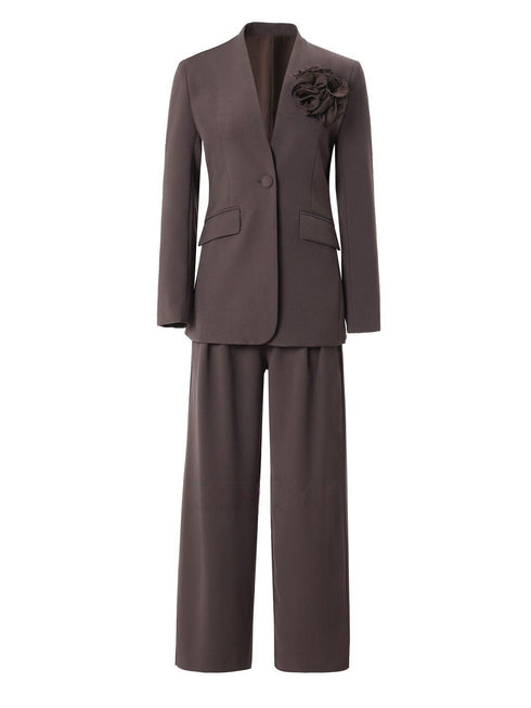 3D Floral Appliqué Tailored Blazer & Wide-Leg Trousers Suit Set – Elegant Office Two‑Piece Ensemble