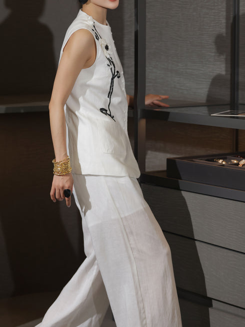Tencel Linen Embroidered Vest & Wide-Leg Pants Set – Artisan Floral Tailored Summer Ensemble