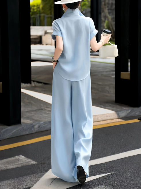 Luxury Linen Two-Piece Set – 3D Floral Appliqué Shirt & Wide-Leg Pants Resort Ensemble