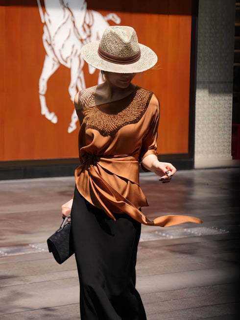 100% Mulberry Silk Asymmetric One-Shoulder Draped Top – Waist-Tie Elegant Long Sleeve Blouse