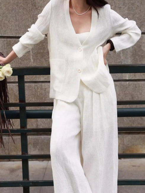 100% Linen Relaxed V-Neck Blazer & Wide-Leg Pants Set – Effortless Resort Tailored Ensemble