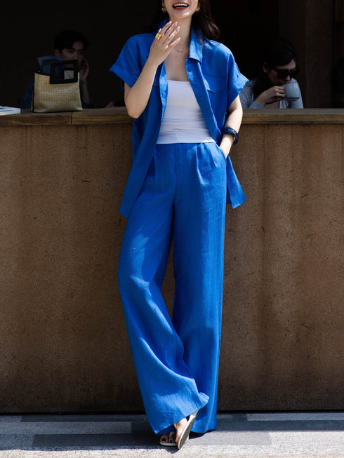 100% Linen Utility Shirt & Wide-Leg Pants Set – Minimalist Summer Tailored Two-Piece