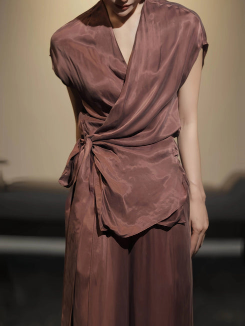 Luxury Satin-Texture Wrap V-Neck Tie Blouse & High-Waisted Wide-Leg Pants Set