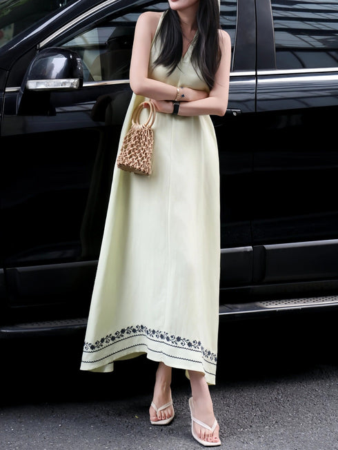 Linen Embroidered Halter Maxi Dress – Scarf Tie Neck Resort Vacation Dress