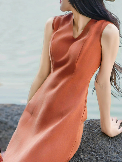 Old-Money Linen Sleeveless Maxi Dress – Relaxed V-Neck Minimalist Summer Dress