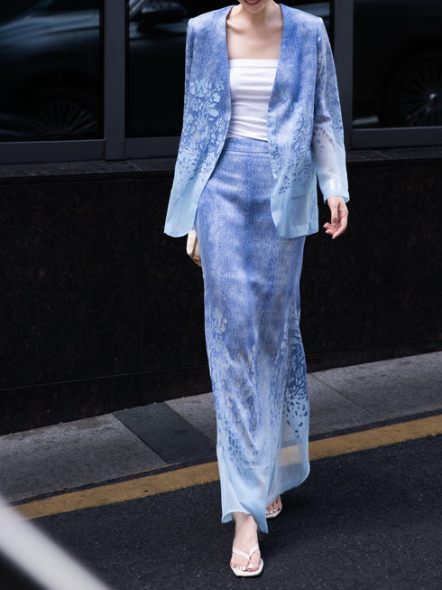 Designer Burnout Floral Collarless Blazer & Gradient Maxi Skirt Set – Elegant Tailored Two‑Piece Suit