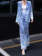 Designer Burnout Floral Collarless Blazer & Gradient Maxi Skirt Set – Elegant Tailored Two‑Piece Suit