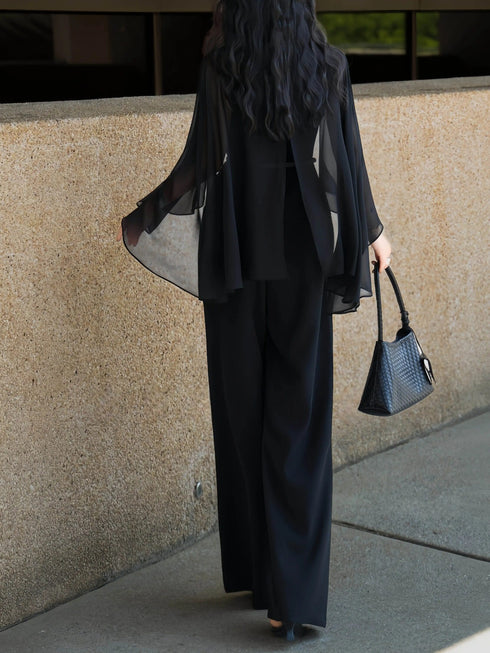 Designer Cape-Sleeve Sheer Panel Top & Wide-Leg Pants Set – Elegant Office Two‑Piece Suit