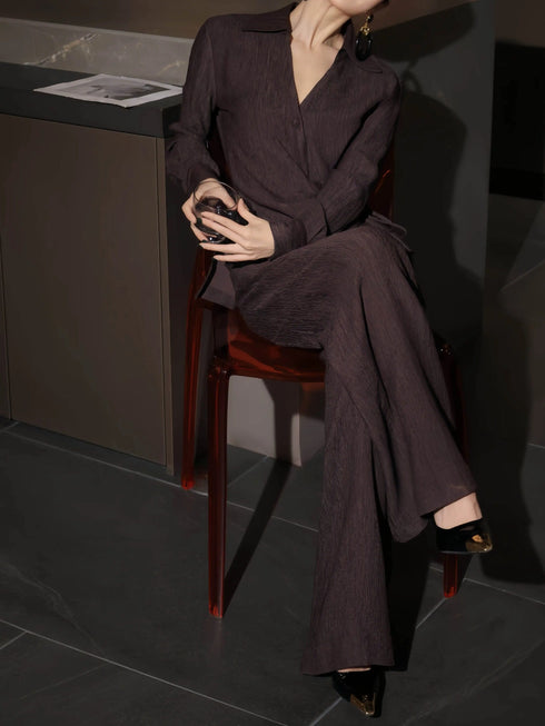 Textured Wrap Shirt & Wide-Leg Pants Set – Luxury Pleated Spring Two‑Piece Outfit