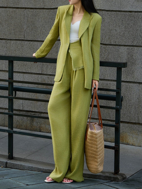 Relaxed Tailored Blazer & Wide-Leg Pants Set – Textured Viscose Three-Piece Suit with Draped Belt Panel