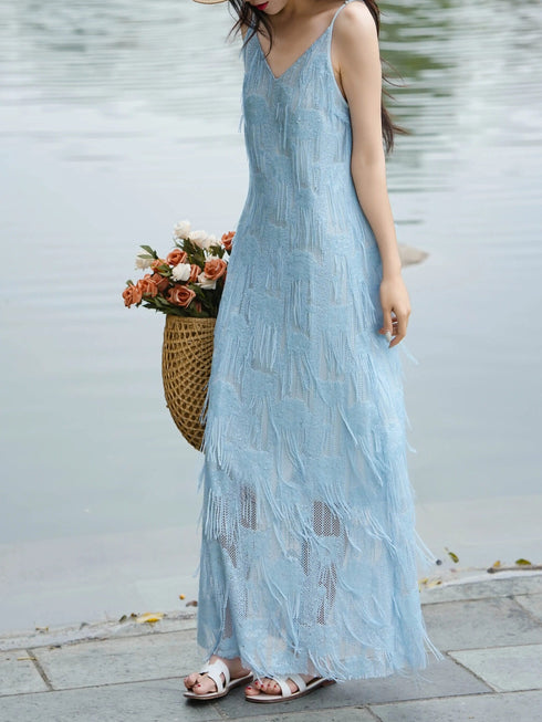 Light Blue French Fringe V‑Neck Slip Maxi Dress – Elegant Tassel Textured Camisole Dress
