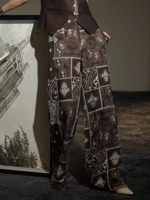 Vintage Paisley Print Wide-Leg Pants & Tailored Vest Set – Elegant Workwear Two-Piece Suit
