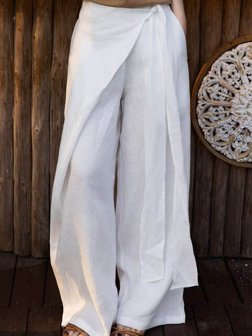 High-Waisted Asymmetric Wrap Linen Wide-Leg Pants – White Draped Resort Trousers