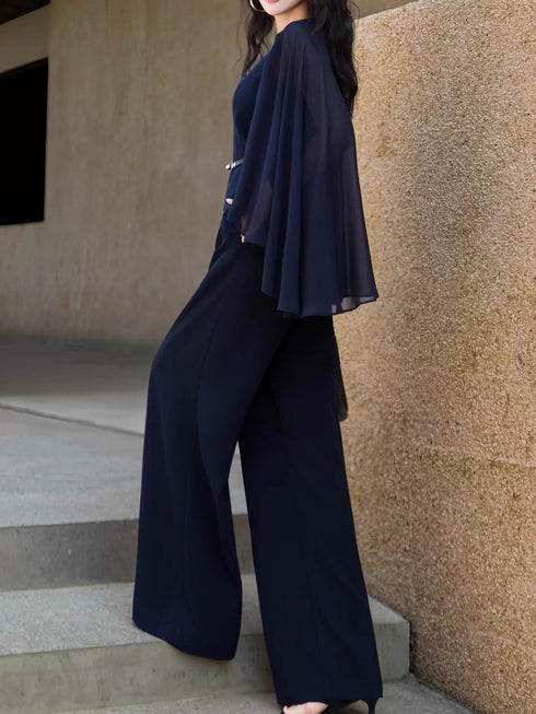 Designer Cape-Sleeve Sheer Panel Top & Wide-Leg Pants Set – Elegant Office Two‑Piece Suit