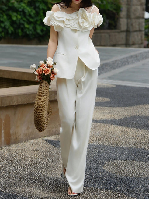 Off-Shoulder Ruffle Tencel Wool Top & Wide-Leg Pants Set – Sculpted Camisole Suit