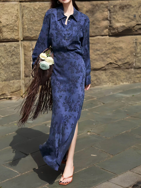 Vintage Jacquard Cupro Shirt & High-Waist Slit Skirt Set – Elegant Long Sleeve Blouse Two‑Piece