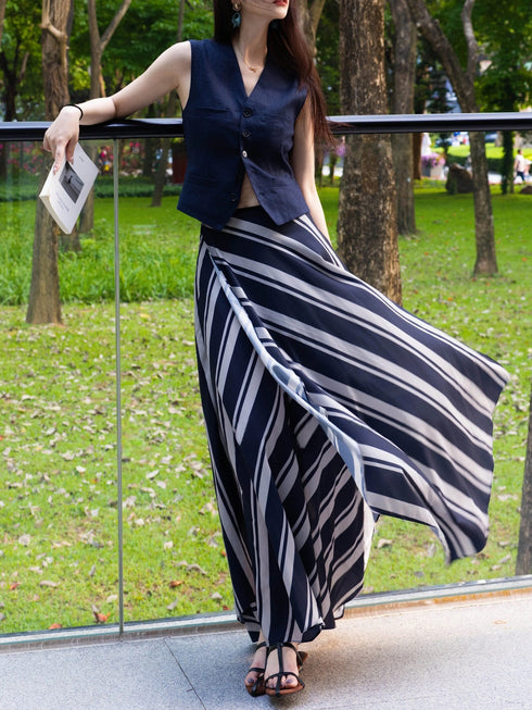 Old-Money Linen Vest & Striped Draped Skirt Set – Elegant Resort Tailored Two‑Piece