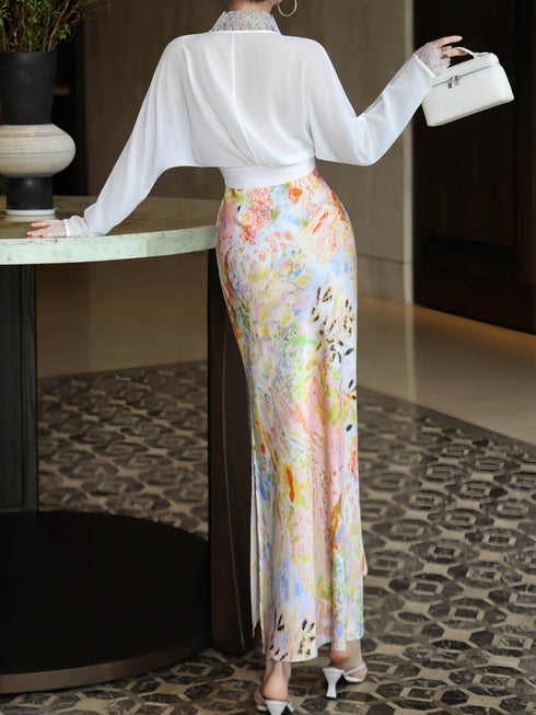 Lace-Trim Sheer Tie-Front Sun Cardigan & Printed Mermaid Skirt Set – Lightweight Resort Elegance