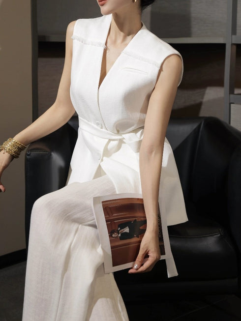 Sleeveless Tailored Vest & Wide-Leg Pants Set – Minimalist Summer Belted Two‑Piece Suit