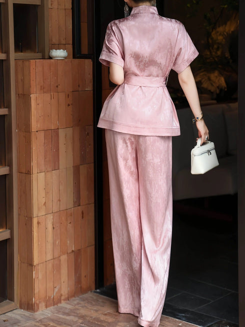 Embroidered Jacquard Silk‑Touch Cheongsam Top & Wide‑Leg Pants Set – Belted Waist Two‑Piece Suit