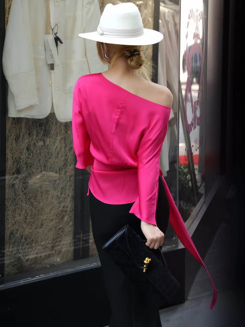 100% Mulberry Silk Asymmetric One-Shoulder Draped Top – Waist-Tie Elegant Long Sleeve Blouse